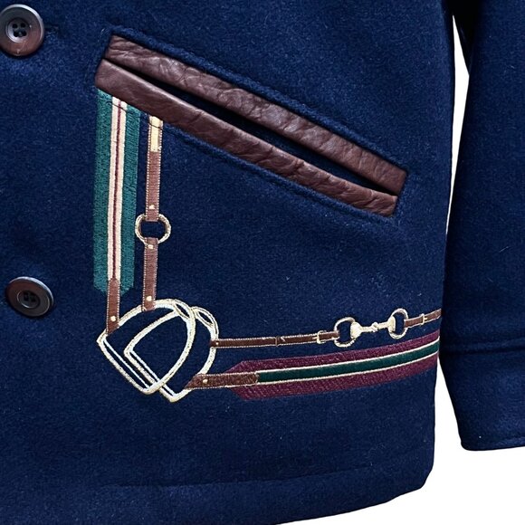 Vtg The Equestrian Jacket Womens Wool Leather Navy Barn Chore Coat Moth Holes XS - Picture 8 of 12